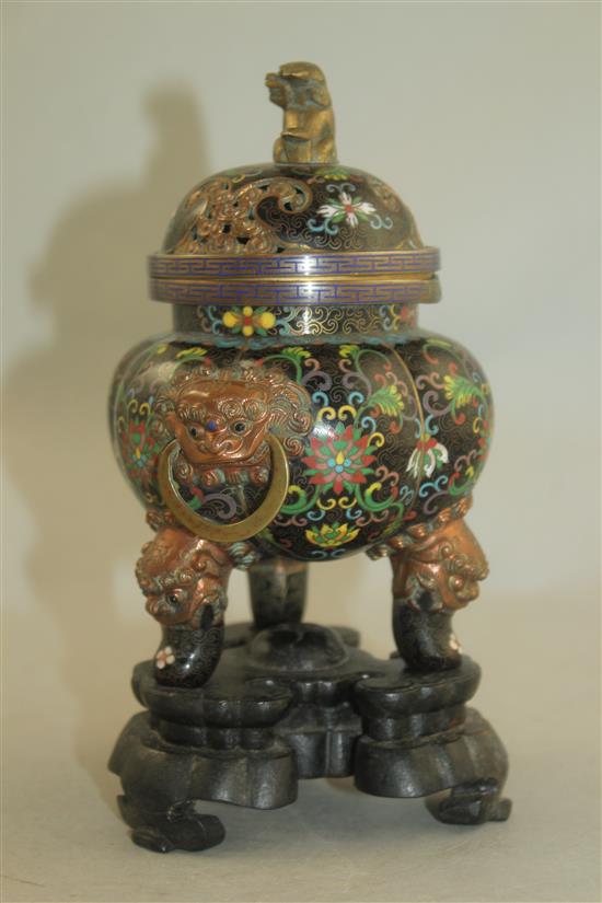 A Chinese cloisonne enamel tripod censer and cover, c.1910,